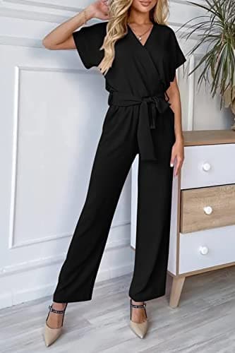 PRETTYGARDEN Women's One Piece Jumpsuits Dressy Casual Summer Short Sleeve Wrap V Neck Belted Wide Leg Pants Romper (Black,Medium) - Image 2