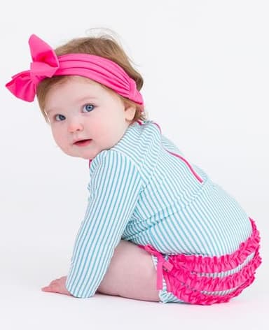 RuffleButts Bright Aqua Seersucker Long Sleeve One Piece Rash Guard - 3-6m - Image 6