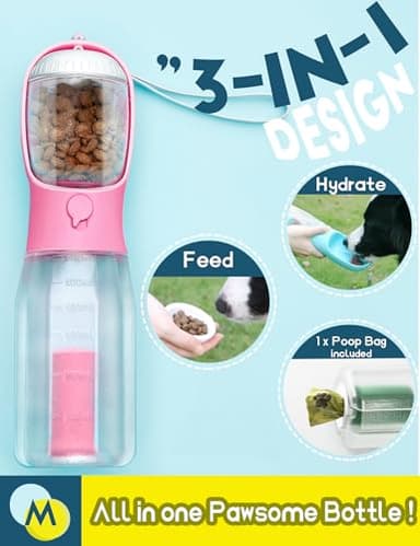 MoonyMars Portable Water Bottle for Dogs, 3 in 1 Pet Travel Bowl Dispenser with Food Treat Container & Poop Bag Holder, Summer Outdoor Walking Hiking Accessories for Large Dog On The Go - Pink, 20oz - Image 2