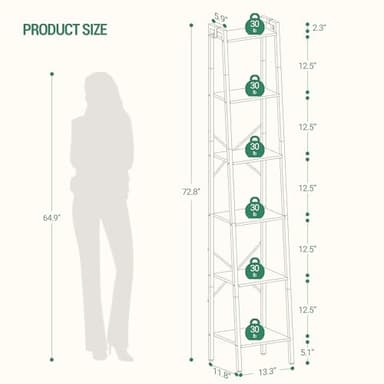 Hzuaneri Ladder Shelf, Bookshelf Bookcase, Freestanding Corner Storage Shelve with 2 Hooks for Home Office, Living Room, Kitchen, Bedroom, Industrial, 6-Tier Greige BC13305B - Image 2