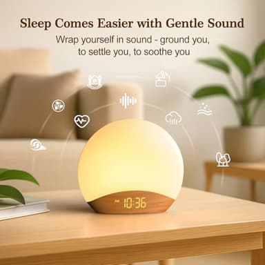 REACHER Wood Grain Sunrise Alarm Clock and Sound Machine Nightlight, Digital Dimmable Clock for Bedroom, 26 Sleep Sounds, White Noise Machine for Baby, Adults, Wake Up Light Alarm Clock for Kids - Image 4
