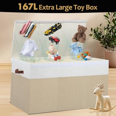 Extra Large Toy Storage Box with Lid, Sturdy Toys Storage Chest Bin Organizer Basket with Dividers for Kids, Boys, Girls, Nursery, Closet, Bedroom, Playroom 35.5"x17" x17" (Beige and White) - Image 3