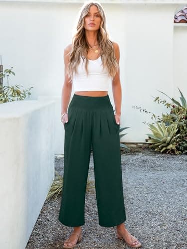 ANRABESS Womens Pants Wide Leg High Waisted Palazzo Pants Summer Flowy Beach Lounge Casual Trousers with Pockets Dark Green Medium - Image 5