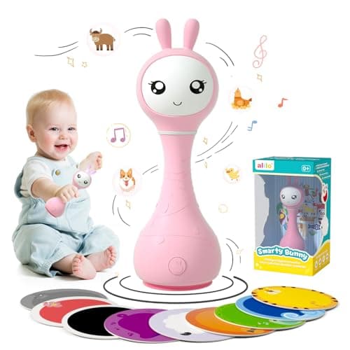 alilo Smarty Bunny Baby Rattle Musical Light Up Toys, Infants Newborns Baby Toys 0-3-6-12-18-24 Months,1 Year Old Boy Girl Gifts, 4 Music Modes and Color Recognition Function with 9 Color Card - Image 1