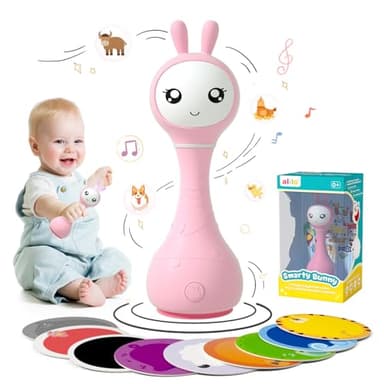 alilo Smarty Bunny Baby Rattle Musical Light Up Toys, Infants Newborns Baby Toys 0-3-6-12-18-24 Months,1 Year Old Boy Girl Gifts, 4 Music Modes and Color Recognition Function with 9 Color Card - Image 1