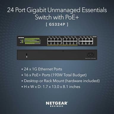 NETGEAR 24-Port PoE+ Gigabit Ethernet Unmanaged Essentials Switch (GS324P) - with 16 x PoE+ @ 190W, Desktop or Rackmount - Image 2
