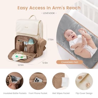 LOVEVOOK Diaper Bag Backpack, Baby Travel Bags for Boys & Girl, Toddler Waterproof Diaper Bag w/Changing Pad (Khaki-White-1, 15.6 inch - Medium) - Image 6