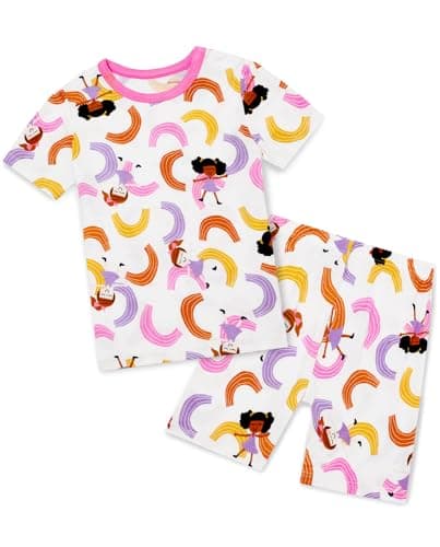 babee Reshinee Bamboo Viscose Toddler Girls Kids Short Sleeve Pajamas 2-3T Years Pink Rainbow Summer Cool Soft 2pcs Set Pjs Pyjamas Jammies - Image 1