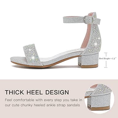 Dufannie Kid Heels for Girls Dress Shoes Size 4 Silver Girls Sandals Low Heel Flower Girl Shoes Wedding Party Pageant Easter Sparkly Open Toe Big Kids High Heels Pumps Shoes(3603Silver 4) - Image 6