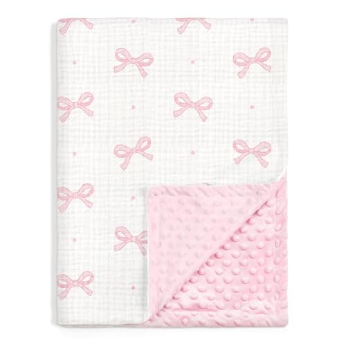 Bow Baby Blankets for Girls, Soft Nursery Minky Blankets with Muslin and Dotted Fleece Back 30x40 inches, Receiving Bed Quilt for Newborn, Infants, Toddlers - Image 1