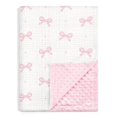 Bow Baby Blankets for Girls, Soft Nursery Minky Blankets with Muslin and Dotted Fleece Back 30x40 inches, Receiving Bed Quilt for Newborn, Infants, Toddlers - Image 1