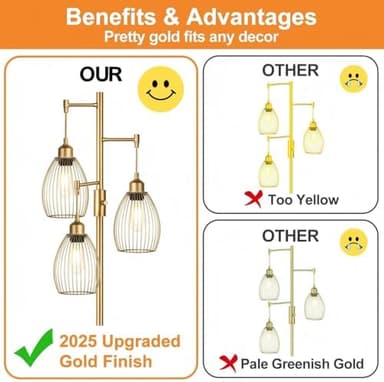 Torondo Dimmable Floor Lamp, Industrial Floor Lamps for Living Room, Gold Tree Lamp Standing Lamp Tall Lamps with 3 Elegant Teardrop Cage Head & 800 Lumens LED Bulbs for Living Room Bedroom Office - Image 3