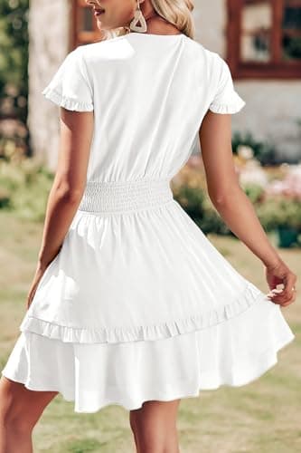 PRETTYGARDEN Women Summer Short Dress 2025 Casual V Neck Short Sleeve Tiered Bow Mini Sun Dresses Beach Vacation Sundress(White,Small) - Image 2