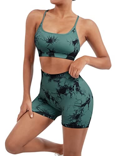 SUUKSESS Women Seamless 2 piece Workout Sets Strappy Padded Sports Bra Booty High Waisted Shorts Outfits (Deep Green Tie Dye,M) - Image 4