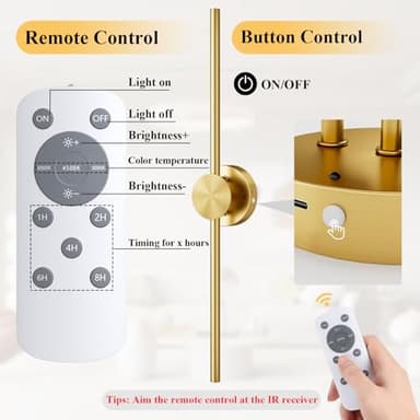 Battery Operated Wall Sconce Set of 2, Gold Rechargeable Wall Lights with Remote Control, 3000K-6500K Dimmable Wireless Wall Sconces with Rotatable Lamppost for Living Room, Bedroom, 28.15 Inch - Image 5
