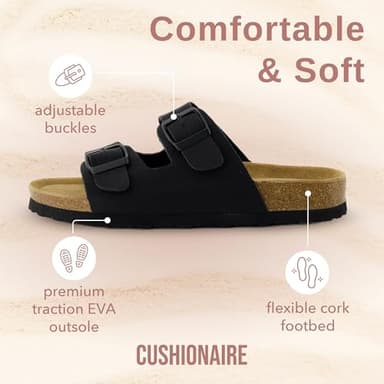 CUSHIONAIRE Lane Cork Footbed Sandals for Women – Comfortable Double Buckle Slip-On with Genuine Suede Footbed & Arch Support Slides for Women Footwear, BLACK 9 - Image 4