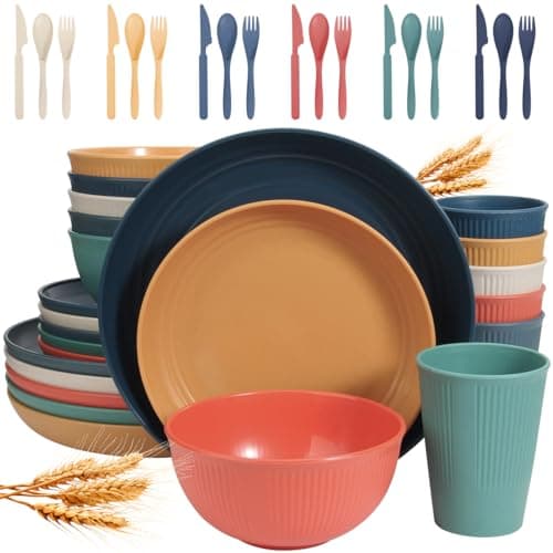 Wheat Straw Dinnerware Sets for 6 (42pcs), SGAOFIEE Unbreakable Dinnerware Set, Kitchen Plates and Bowls Set, Unbreakable Plastic Outdoor Camping Dishes, Dishwasher Microwave Safe, Autumn Multicolor - Image 1