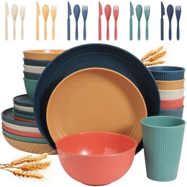 Wheat Straw Dinnerware Sets for 6 (42pcs), SGAOFIEE Unbreakable Dinnerware Set, Kitchen Plates and Bowls Set, Unbreakable Plastic Outdoor Camping Dishes, Dishwasher Microwave Safe, Autumn Multicolor - Image 1