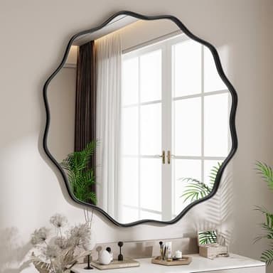 VETROVUE Round Wavy Mirror, 30 Inch Metal Frame Circle Mirror, Round Wall Mounted for Entryway, Bathroom, Vanity, Living Room, Black - Image 1