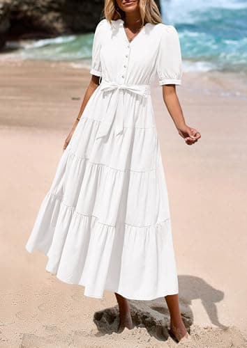 PRETTYGARDEN Summer Dresses for Women 2025 Elegant Classy Short Sleeve V Neck Ruffle A Line Belted Long Beach Vacation Dress (White,Small) - Image 6