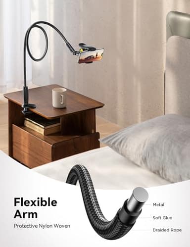 JOYROOM Gooseneck Phone Holder for Bed - [Safety Lock] & [Nylon Braid] 39.37” Flexible Long Arm Phone Stand for Desk, 720° Adjustable Overhead Phone Mount for iPhone 16, All 4-7" Devices - Image 4