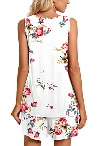 TAOHUADAO Womens Summer 2 Piece Pajama Sets, Sleeveless Pleated Tunic Tops with Comfy Shorts, Lounge Sleepwear Ladies Pjs Sets with Pockets L, Floral White - Image 4