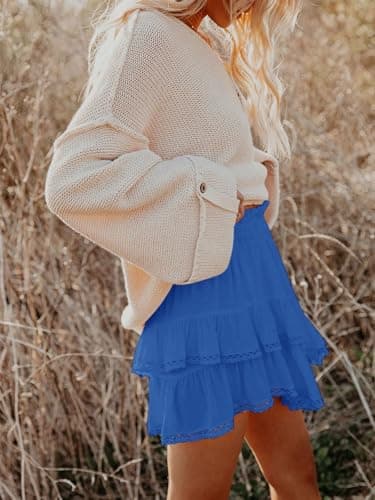 Aoudery Flowy Shorts for Women Casual Boho Ruffle Tiered Skorts High Waist Mini Skirts Golf Tennis Butterfly Crochet Shorts - Royal Blue L - Image 3