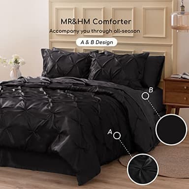 MR&HM Satin Comforter Queen 7 Pieces - Luxurious Pinch Pleat Bedding Set with Comforter, Flat Sheet, Fitted Sheet, Pillowcases & Shams, Super Silky Soft Bed Set for All Season (Queen, Black) - Image 7