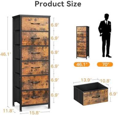 AODK Tall Dresser for Bedroom with 6 Fabric Drawers, Storage Dresser Organizer with Wood Top and Sturdy Steel Frames, Chest of Drawers for Closet, Living Room, Entryway, Hallway, Vintage - Image 4