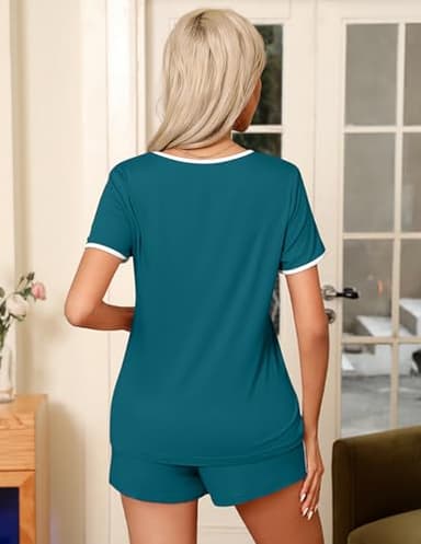 Ekouaer Pajama Set for Women 2 Piece Lounge Set Short Sleeve Tops and Shorts Soft Sleepwear, Chest Pocket Blue Green - Image 4