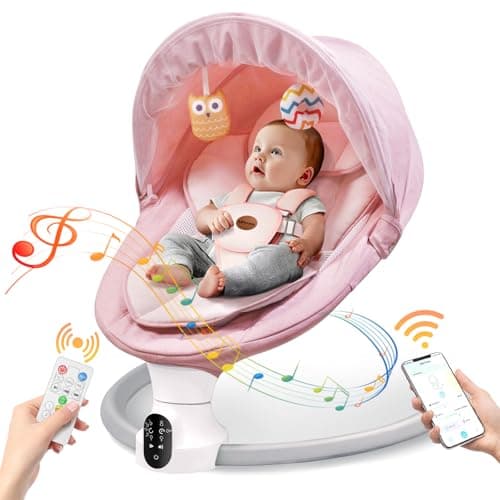 Baby Swing for Infants - Electric Baby Rocker with Exclusive App Function, Upgraded 5 Point Harness, Bluetooth Support, 10 Preset Lullabies and 5 Speeds, Portable Swing for Baby Boy Girl（Pink） - Image 1
