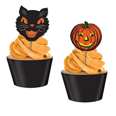 Paper Vintage Halloween Party Food Picks Cat Pumpkin Cupcake Toppers Pack of 3 - Image 3
