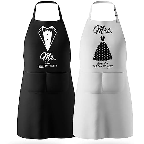 Wedding Gifts Engagement Gifts for Couples Mr and Mrs Aprons for Couples Gifts, Bridal Shower Gift Anniversary Christmas Gifts for Couple Mr and Mrs Gifts, 2 Pack Apron Gift Set - Image 1