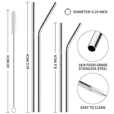 Hiware 12-Pack Reusable Stainless Steel Metal Straws with Case - Long Drinking Straws for 30 oz and 20 oz Tumblers Dishwasher Safe - 2 Cleaning Brushes Included - Image 2