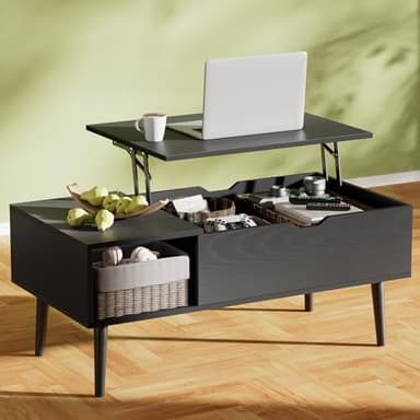 OLIXIS Wooden Coffee Table, Lift Top Coffee Table with Large Hidden Compartment and Ample Storage Shelf, Lift Tabletop Dining Table for Living Room, Home Small Space, Charcoal - Image 1