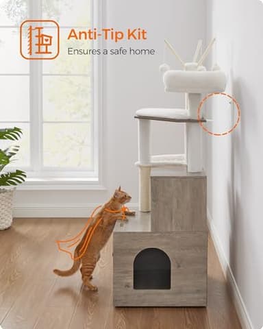 Feandrea Cat Tree with Litter Box Enclosure, 2-in-1 Modern Cat Tower, 55.1-Inch Cat Condo with Scratching Posts, Removable Pompom Sticks, Greige UPCT113G01 - Image 9