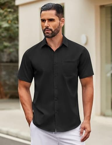 COOFANDY Men's Short Sleeve Dress Shirt Slim Fit Button Down Summer Shirt Black - Image 2
