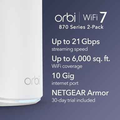 NETGEAR Orbi 870 Series Tri-Band WiFi 7 Mesh System (RBE872) - Router + 1 Satellite Extender, Security Features, Up to 21 Gbps, Covers Up to 6,000 Sq. Ft., 150 Devices, 10 Gig Internet Port, BE21000 - Image 2