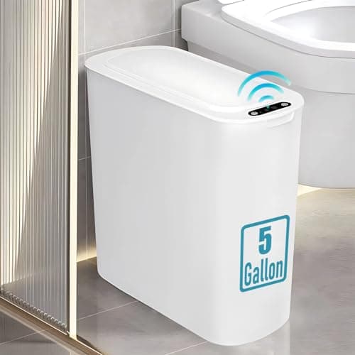 5 Gallon Motion Senor Bathroom Trash Can with Lid, Automatic Garbage Can Touchless, Smart Plastic Waste Basket for Narrow Spaces, Bathroom, Office, Bedroom, Living Room (White) - Image 1