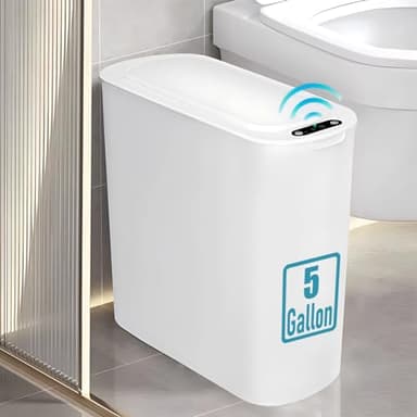5 Gallon Motion Senor Bathroom Trash Can with Lid, Automatic Garbage Can Touchless, Smart Plastic Waste Basket for Narrow Spaces, Bathroom, Office, Bedroom, Living Room (White) - Image 1