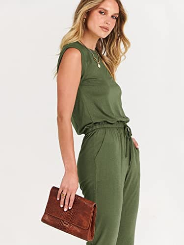 ANRABESS Womens Summer Sleeveless Jumpsuits Casual Dressy Stretchy Crewneck Rompers One Piece Outfits Fall Fashion 2025 Army Green Small - Image 9