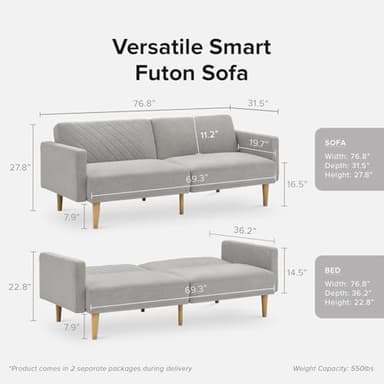 mopio 76.8" Futon Sofa Bed, Small Couch, Sleeper, Loveseat, Mid Century Modern Futon Couch, Sofa Cama, Couches for Living Room (Light Gray Fabric) - Image 2