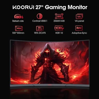 KOORUI 27 Inch Curved Gaming Monitor QHD (2560 x 1440) 180Hz, 1ms 1500R Display, Adaptive Sync, 90% DCI-P3, HDMI 2.0 & DisplayPort 1.4, VESA, Tilt, Eye Care, 27E6QCA - Image 2