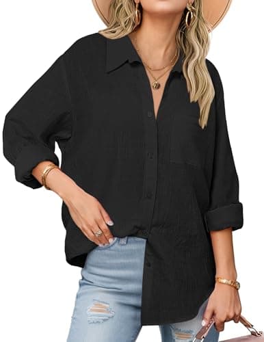 Zeagoo Black Shirt Women V Neck Button Downs Blouses Long Sleeve Collared Cotton Tops Woman Black - Image 1
