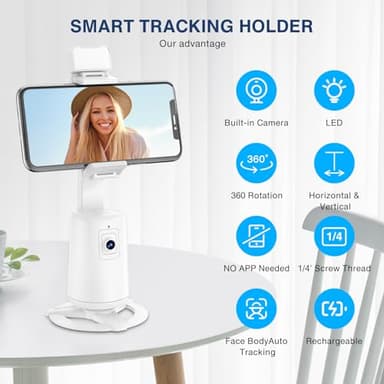 Auto Face Tracking Tripod 360° Rotating Cell Phone Photo and Video Kits Stand, No App, Camera Stand with Remote and Gesture Control, Rechargeable Smart Shooting Stand for Live Recording Tiktok (White) - Image 5
