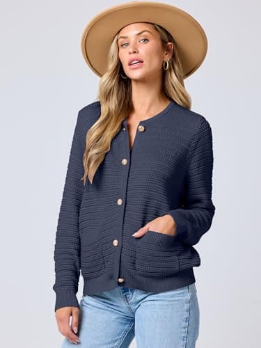 ANRABESS Womens Cardigan Sweater Long Sleeve Button Down Lady Tweed Knit Jackets 2025 Fall Outfits Navy Blue Medium - Image 3
