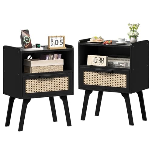 Lerliuo Rattan Nightstands Set of 2, Bedside Table with Drawer Open Shelf, Cane Accent Side End Table with Solid Wood Legs, Black Mid Century Night Stand for Bedroom, Dorm and Small Spaces - Image 1
