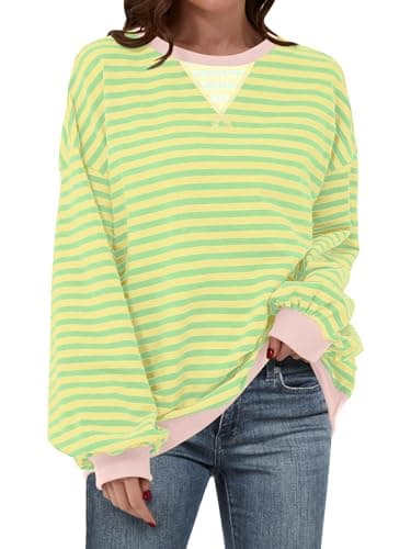 ANRABESS Women Striped Sweatshirts Oversized Crewneck Long Sleeve Shirts Y2K Pullover Top 2025 Fall Outfits Fashion Clothes Light Yellow Green Large - Image 1