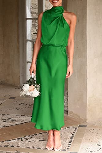 PRETTYGARDEN Women's 2025 Summer Satin Dress Elegant Sleeveless Mock Neck Cocktail Party Maxi Dresses (Bright Green,X-Large) - Image 2