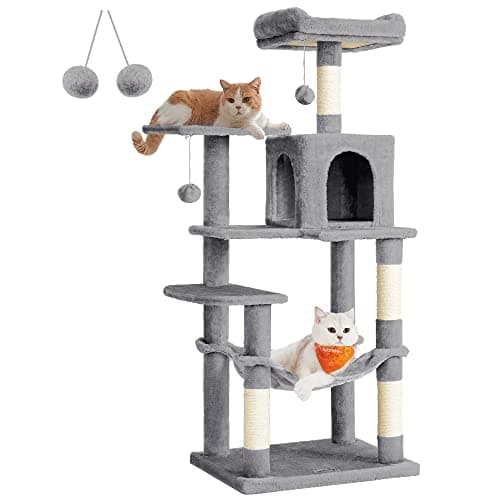 Feandrea Cat Tree, 56.3-Inch Cat Tower for Indoor Cats, Multi-Level Cat Condo with 4 Scratching Posts, 2 Perches, Hammock, Cave, Light Gray UPCT161W01 - Image 1